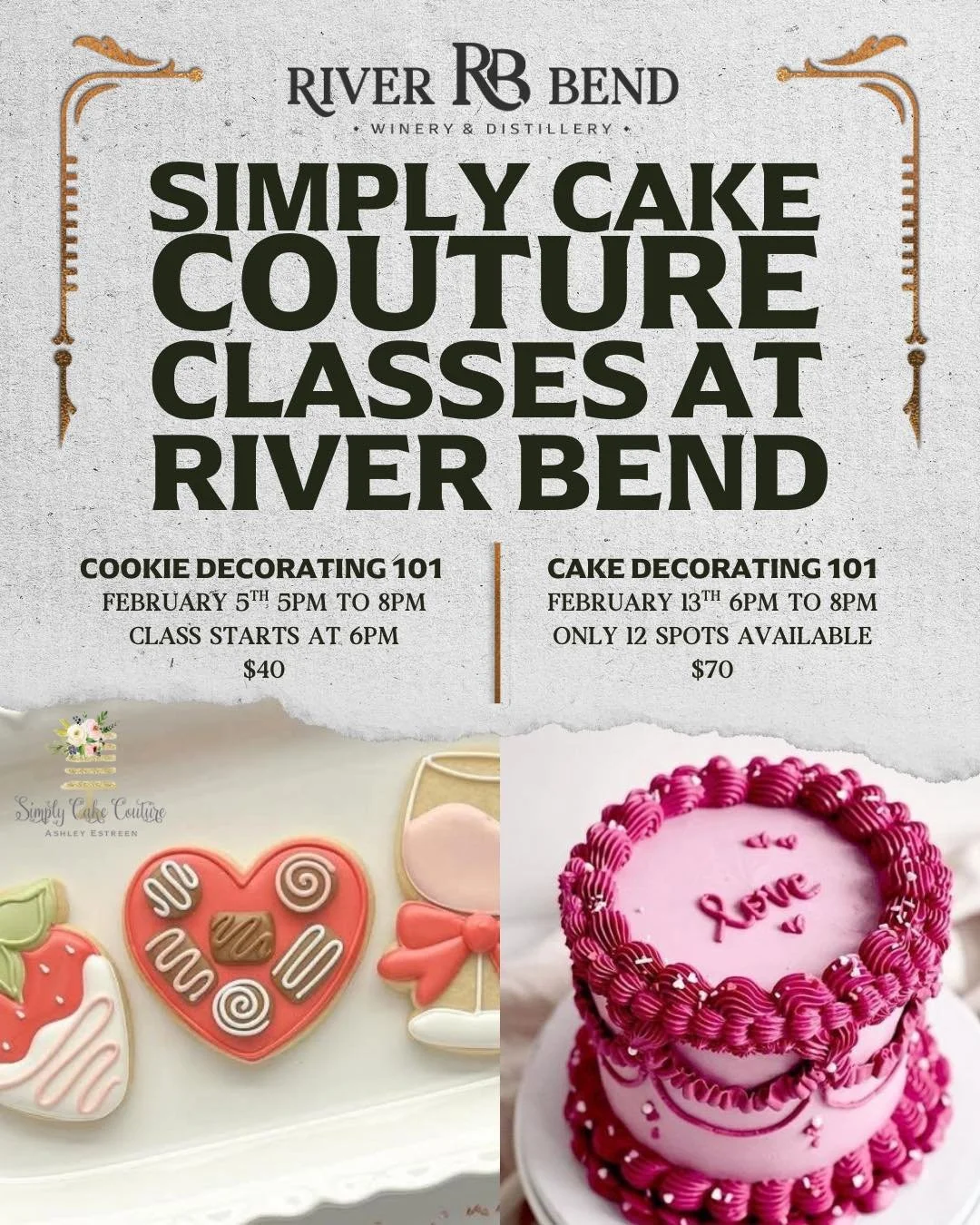 Sunday scrolling? Pause here and text your friends. Cookie &amp; cake decorating classes are coming up at River Bend with Simply Cake Couture. It's a fun night out to learn something new AND you go home with something sweet. What's better than that?
