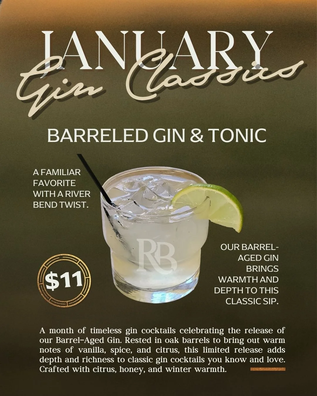 Our January Gin Classics month finishes strong with a Barrel-Aged Gin &amp; Tonic. Made with our oak-rested Barrel-Aged Gin for extra warmth and depth. A familiar favorite with a River Bend twist. 🍋