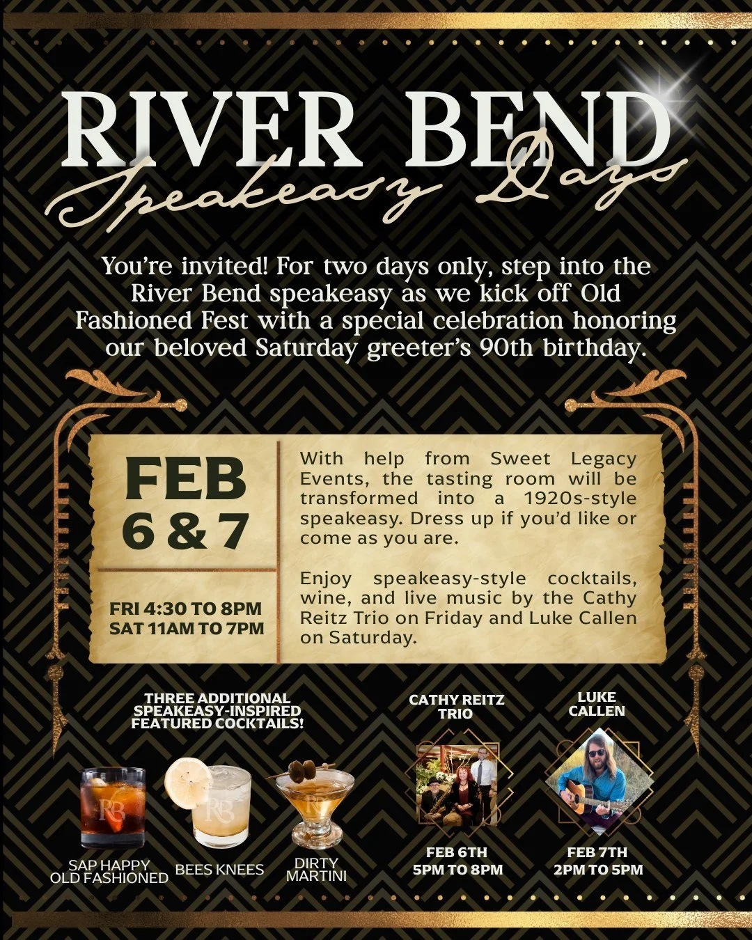 For one weekend only, River Bend is stepping back in time. Join us for SPEAKEASY DAYS, Friday, February 6th and Saturday, February 7th. With the help of @sweetlegacyevents, we&rsquo;re transforming the tasting room and kicking off Old Fashioned Fest.