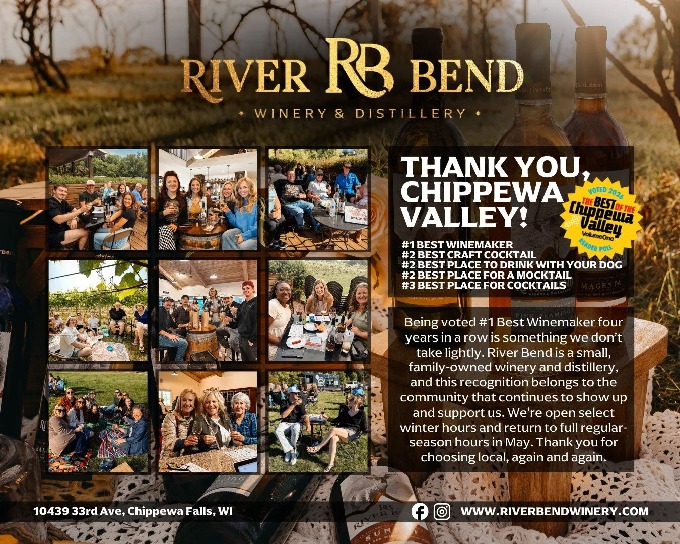 We are seriously grateful. 🤍 Being voted #1 Best Winemaker four years in a row, along with 2026 honors for Best Craft Cocktail, Best Place to Drink with Your Dog, Best Place for a Mocktail, and Best Place for Cocktails, is something we will never ta