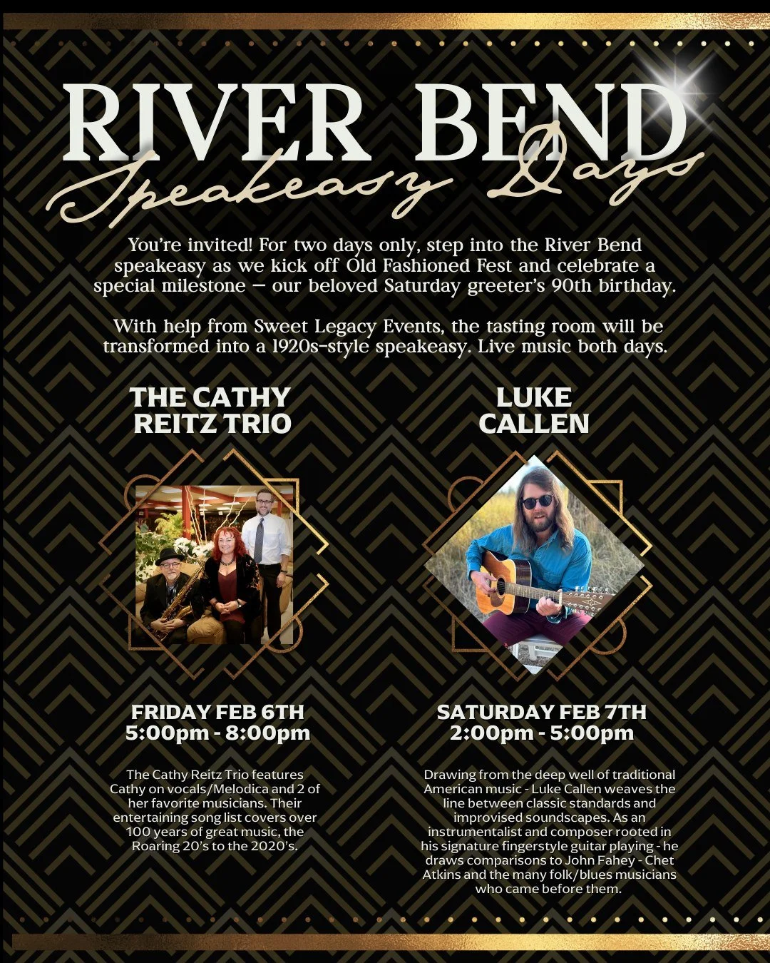 Speakeasy Days are here 🥃 For two days only, we&rsquo;re stepping back in time to kick off Old Fashioned Fest with live music both days and a 1920s-style speakeasy transformation. Dress up or come as you are!

Friday (5&ndash;8pm): The Cathy Reitz T