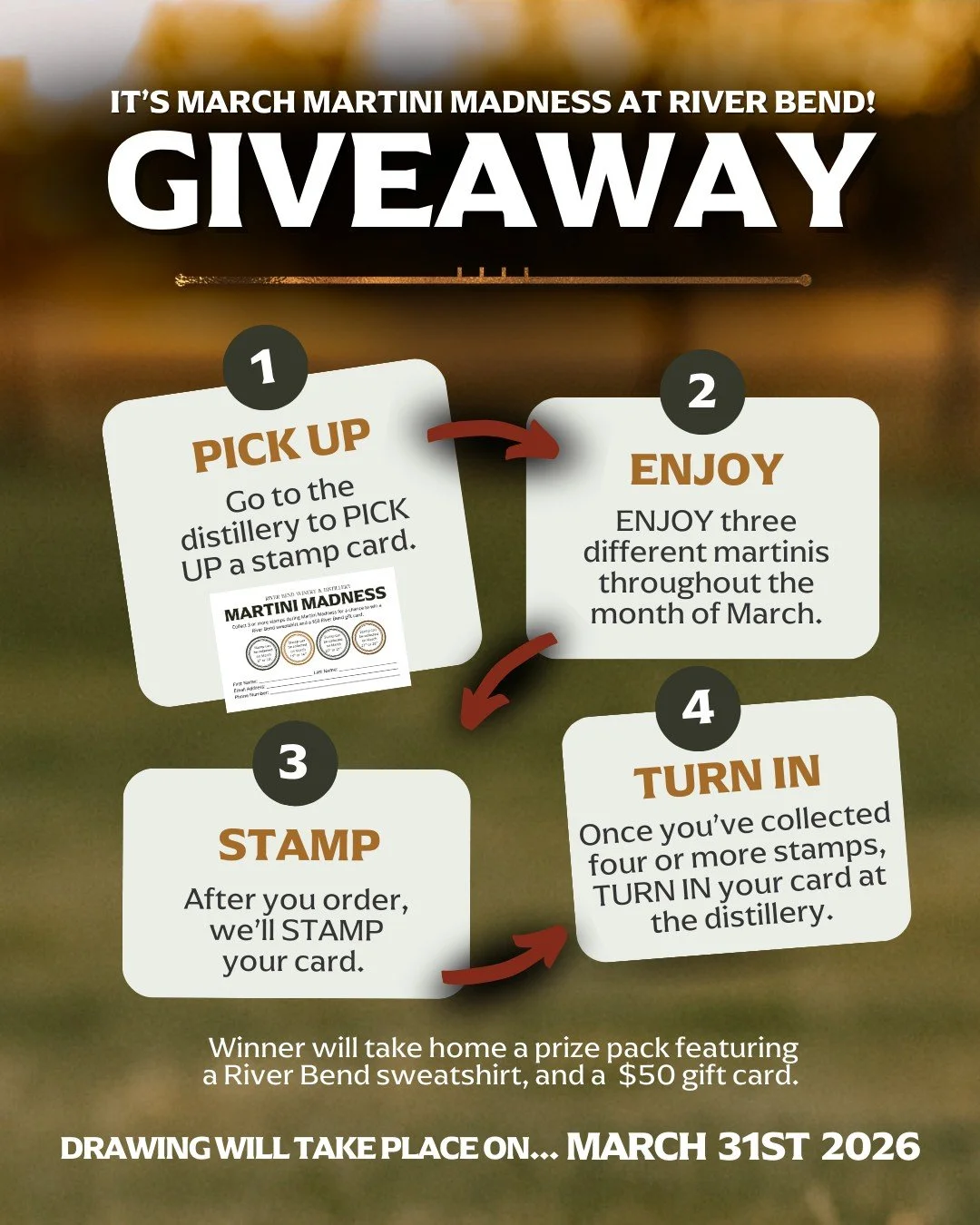 It&rsquo;s March Martini Madness at River Bend 🍸 Pick up a stamp card in the distillery, enjoy our featured martinis throughout March, and turn in your card for a chance to win a River Bend sweatshirt and a $50 gift card.

Each Friday and Saturday f