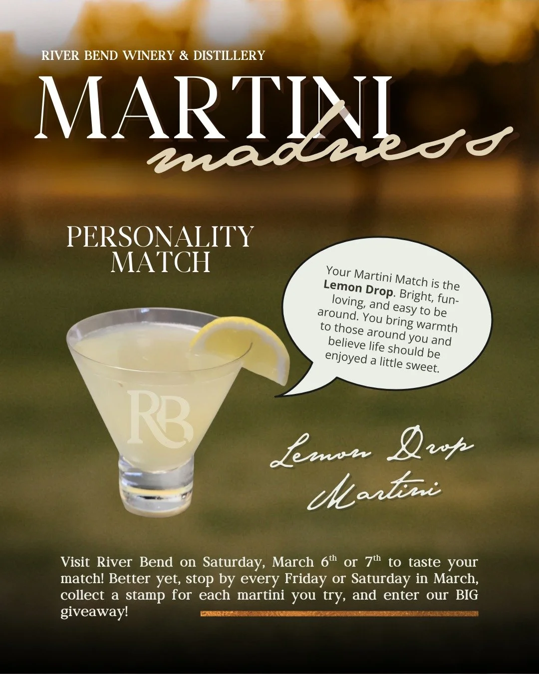 Martini Madness starts this Friday and Saturday! 🍸 Take the quick quiz below and see if this weekend&rsquo;s featured martini, the Lemon Drop, might be your martini match.

Your ideal Friday night looks like:
A. Getting dressed up and going out
B. L