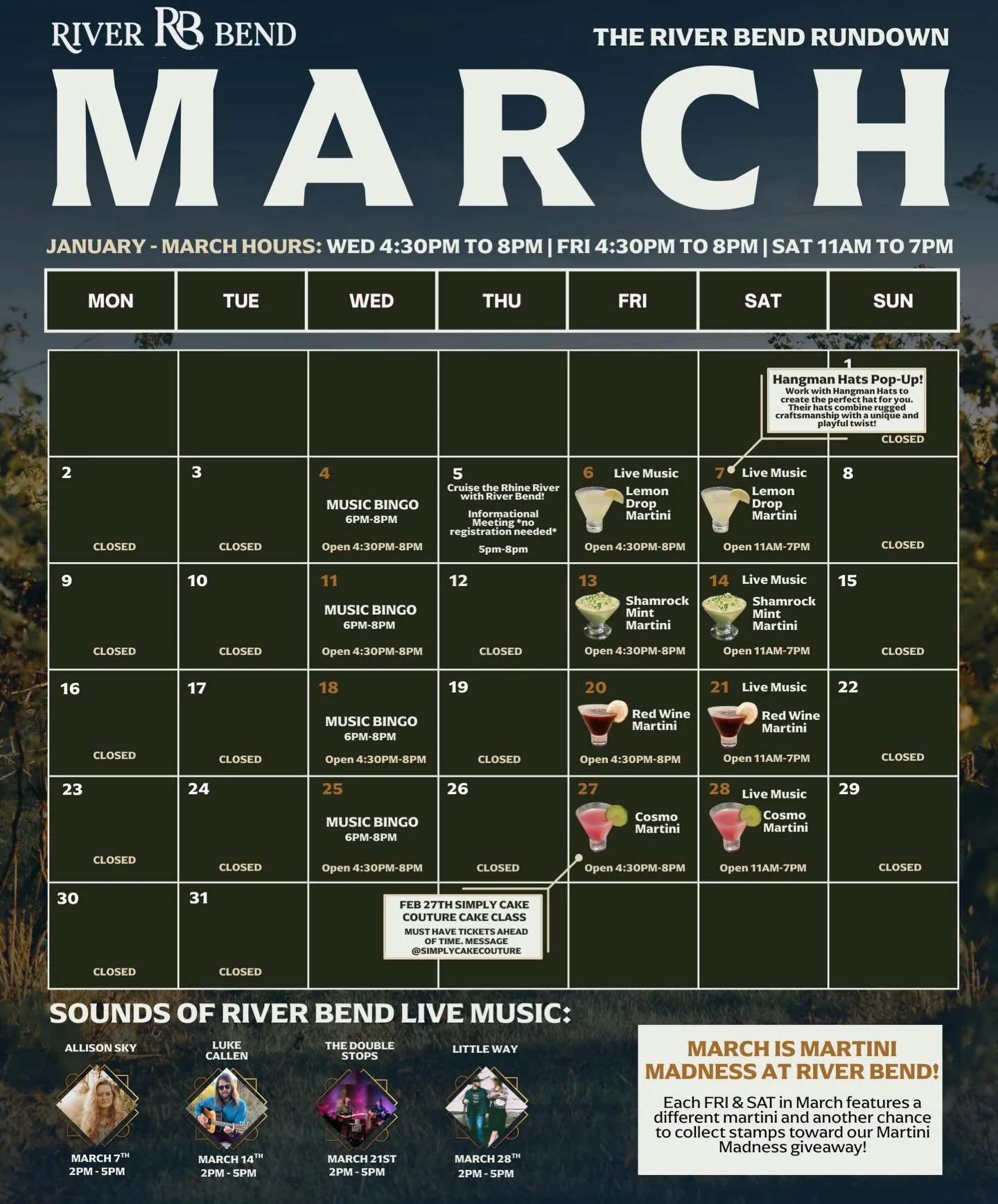 Hello, March! Martini Madness IS BACK! Each weekend in March features a different martini and another chance to collect stamps toward our BIG Martini Madness giveaway.

Entering is easy:
🍸 Pick up a stamp card at the distillery
🍸 Enjoy the featured