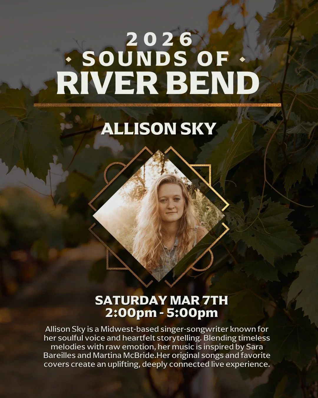 Live music this Saturday 🎶 We&rsquo;re excited to welcome Allison Sky to River Bend on Saturday, March 7th from 2&ndash;5pm as part of our Sounds of River Bend tasting room series. Wine, Lemon Drop martinis, and a fun afternoon of live music. Alliso