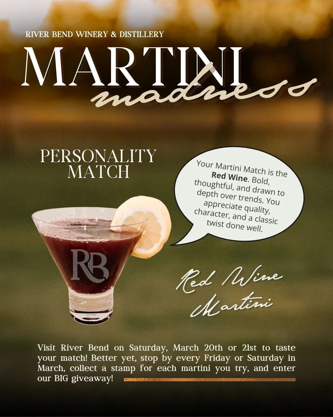 Martini Madness continues this weekend 🍷 If you&rsquo;ve already taken our Martini Madness quiz and your answers leaned toward D, this weekend&rsquo;s Red Wine Martini just might be your match.

Haven&rsquo;t taken the quiz yet? Here it is below.

Y