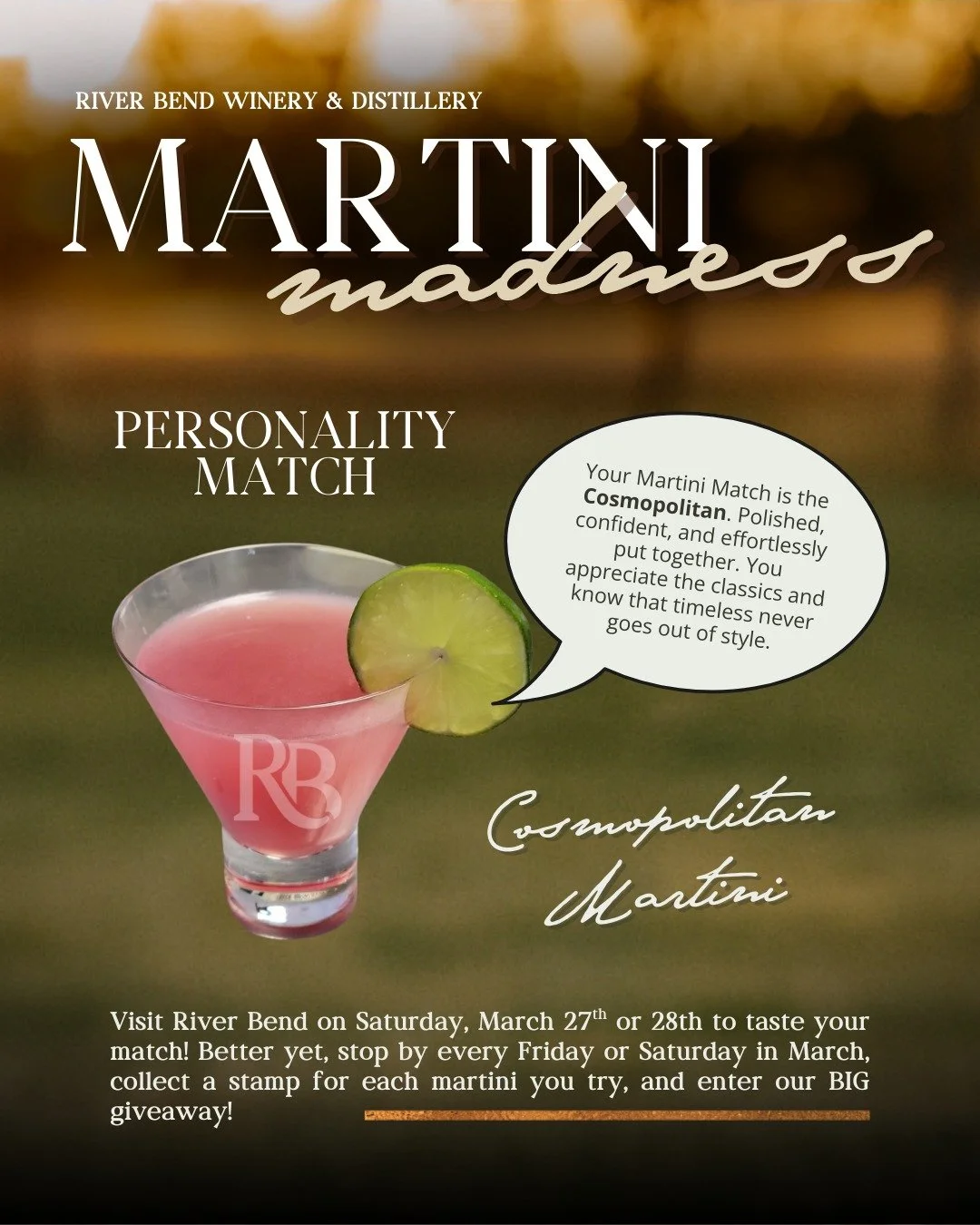 Final weekend of Martini Madness 🍸We&rsquo;re wrapping up the month with the Cosmopolitan.

If you took our Martini Madness quiz earlier this month and your answers leaned toward A&rsquo;s, this weekend&rsquo;s martini is your match. Polished, class