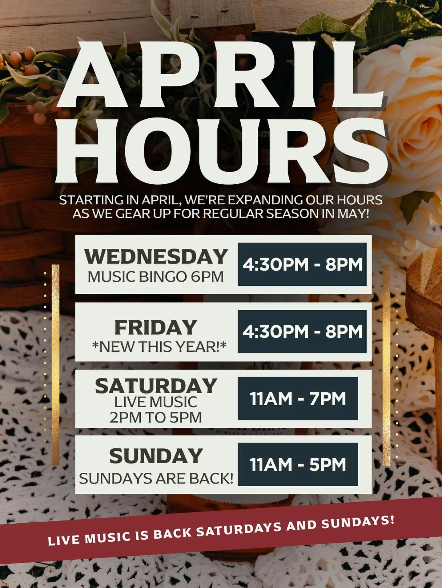 April brings a little more time at River Bend&hellip;and we&rsquo;re ready for it 🍷Our hours are expanding as we head into the regular season, and yes&hellip; Sundays are back 🙌 (We will be closed on Easter)

Here&rsquo;s what April looks like:
Wed