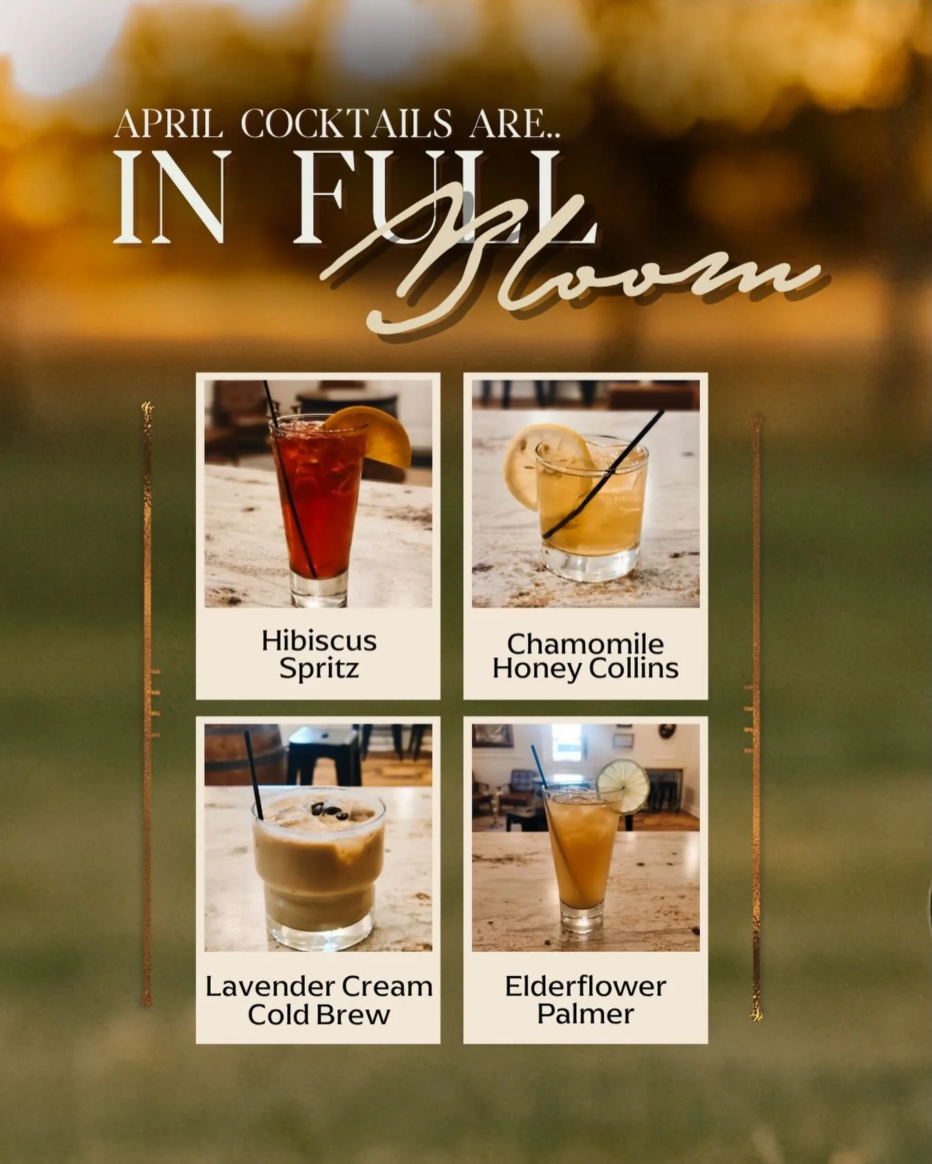 A sneak peek at what&rsquo;s ahead in April. Our new featured cocktails are here&hellip; and they&rsquo;re in full bloom 🌸 Try a different one each weekend. Four fresh features, each bringing something a little different to your glass!

Which one ar