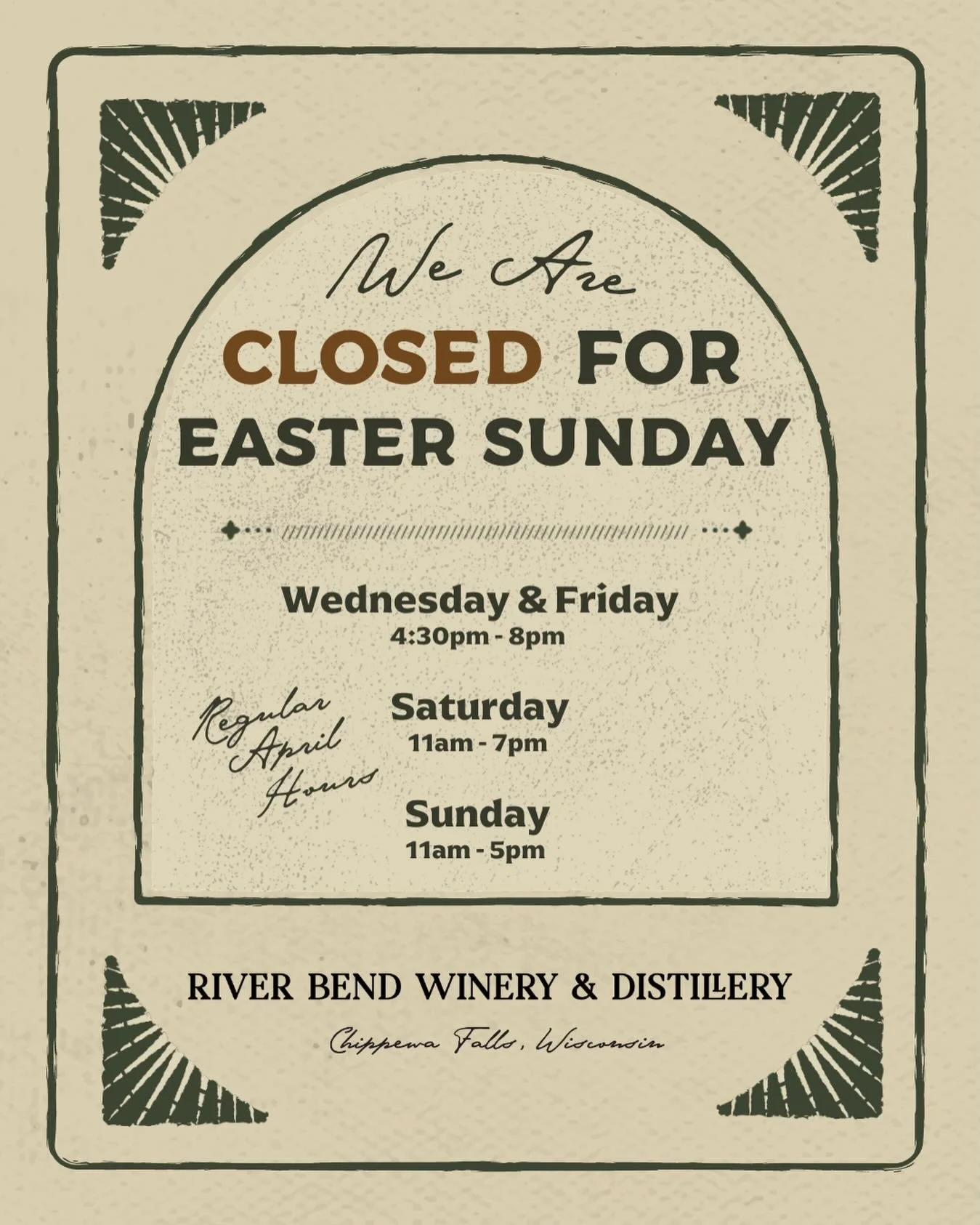 Happy Easter! We&rsquo;ll be closed for Easter Sunday, but we&rsquo;ll see you the Sundays after! Sundays are back in April and we&rsquo;re looking forward to having you out at River Bend.