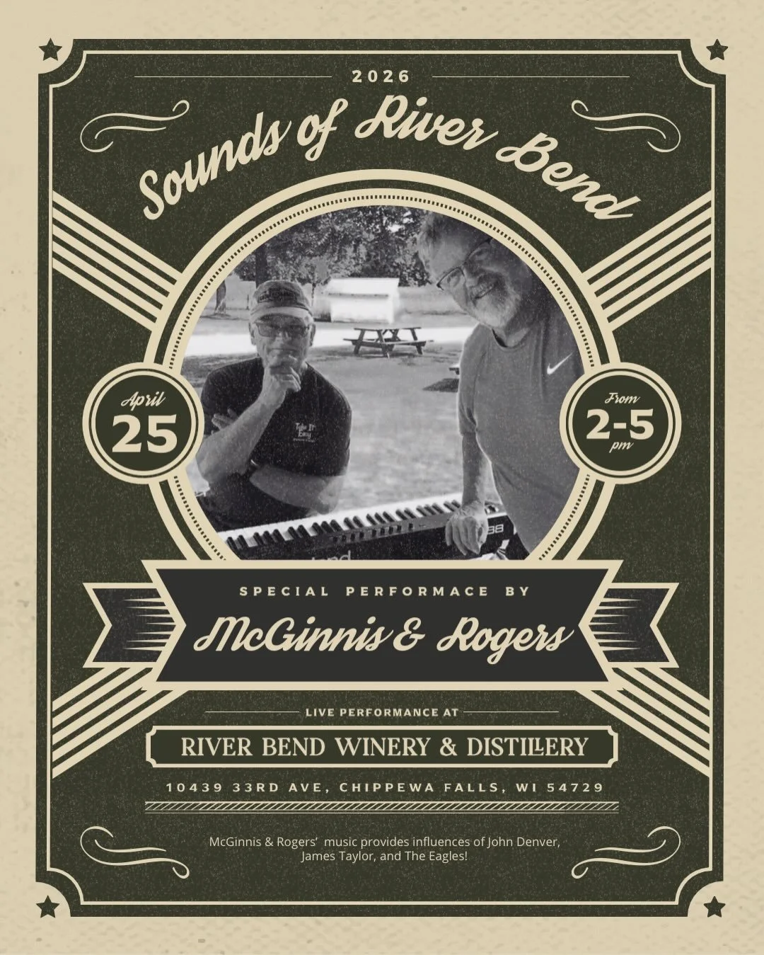 It&rsquo;s a good weekend for music at River Bend. 🎶🍷 Saturday we&rsquo;ve got McGinnis &amp; Rogers from 2&ndash;5pm, and Sunday Home Again is here from 1:30&ndash;4:30pm.