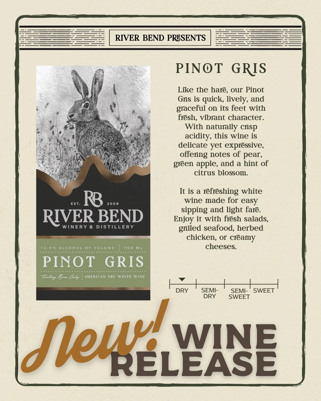 New wine, and it's just in time. 🍷 Our Pinot Gris releases this Friday, May 1st as we head into regular season hours! We know you've been waiting for this!