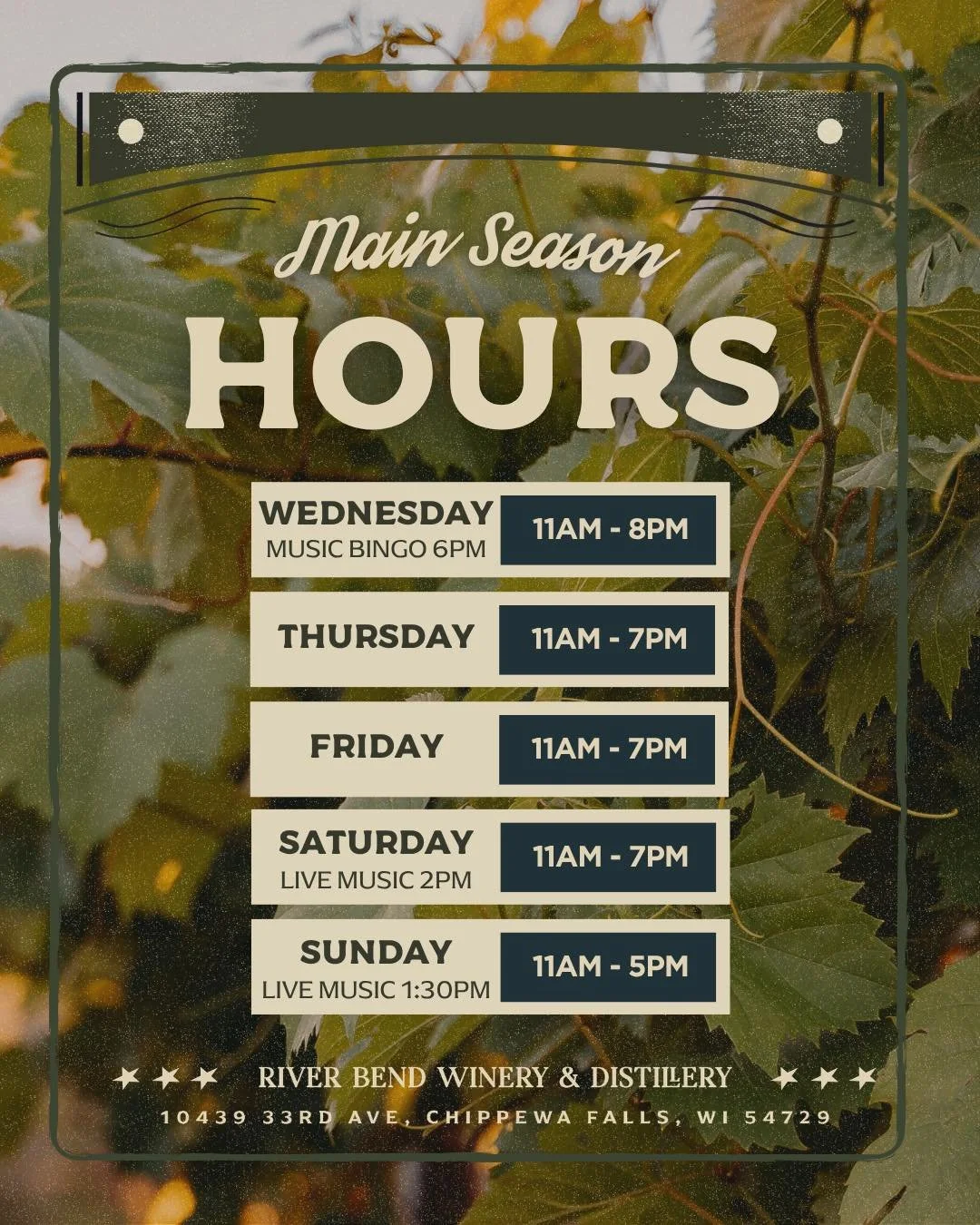 We&rsquo;re almost there. 🍷☀️ Main season hours start Friday, May 1st! We&rsquo;re getting everything ready for a full summer of fun at River Bend.

More days to be here. More live music. More new releases. More food trucks. More surprises. More rea