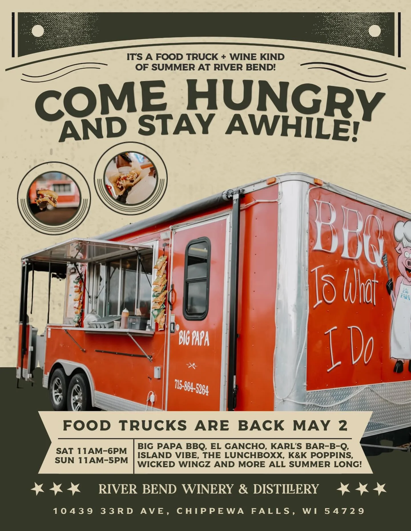 Food trucks return to River Bend on May 2nd. 🍔 Join us Saturdays and Sundays for a mix of great local food and awesome wine, cocktails, and mocktails! 

You&rsquo;ll see the amazing @bigpapabbqec here often, and when they&rsquo;re not, you&rsquo;ll 