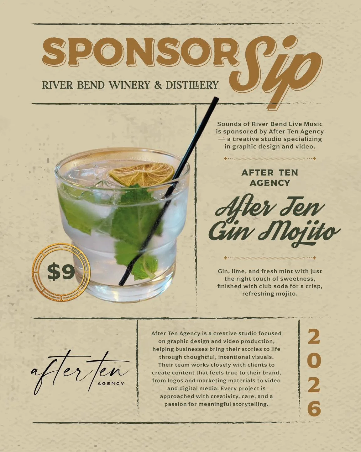 It&rsquo;s SponsorSIP time!🍃Introducing our May SponsorSIP&hellip;the After Ten Gin Mojito! Fresh mint, lime, gin, and a splash of club soda&hellip; this one is so easy to love.

A big thank you to @aftertenagency for being one of our Sounds of Rive