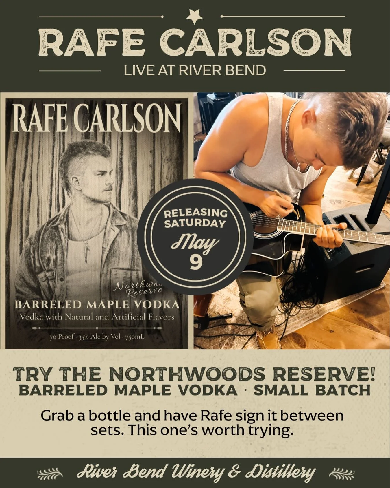 @rafecarlson is back from Nashville this Saturday&hellip; and if you&rsquo;ve been here when he plays, you already know. 🎶🔥 He draws a crowd every time.

We&rsquo;re also releasing his very own Northwoods Reserve Barreled Maple Vodka 🍁 If you&rsqu