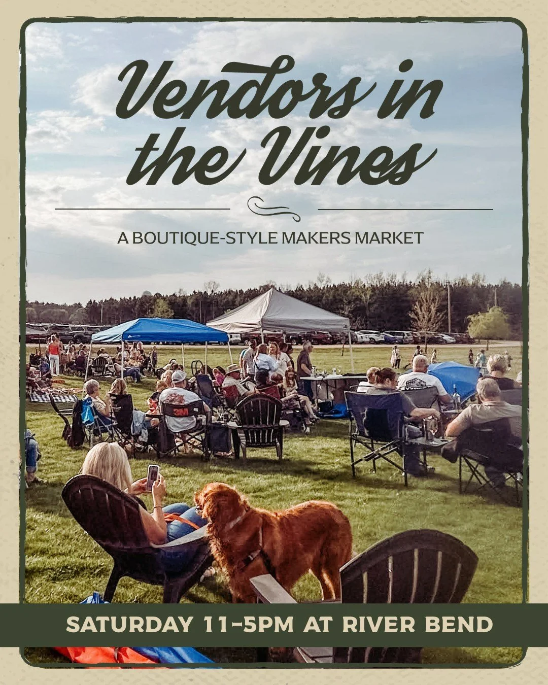 Saturday plans? Consider them handled. Vendors in the Vines returns to River Bend this Saturday from 11am&ndash;5pm featuring local makers, boutiques, sourdough, live music, @bigpapabbqec , and the debut of our new Breakfast Blend cocktail (think Cin