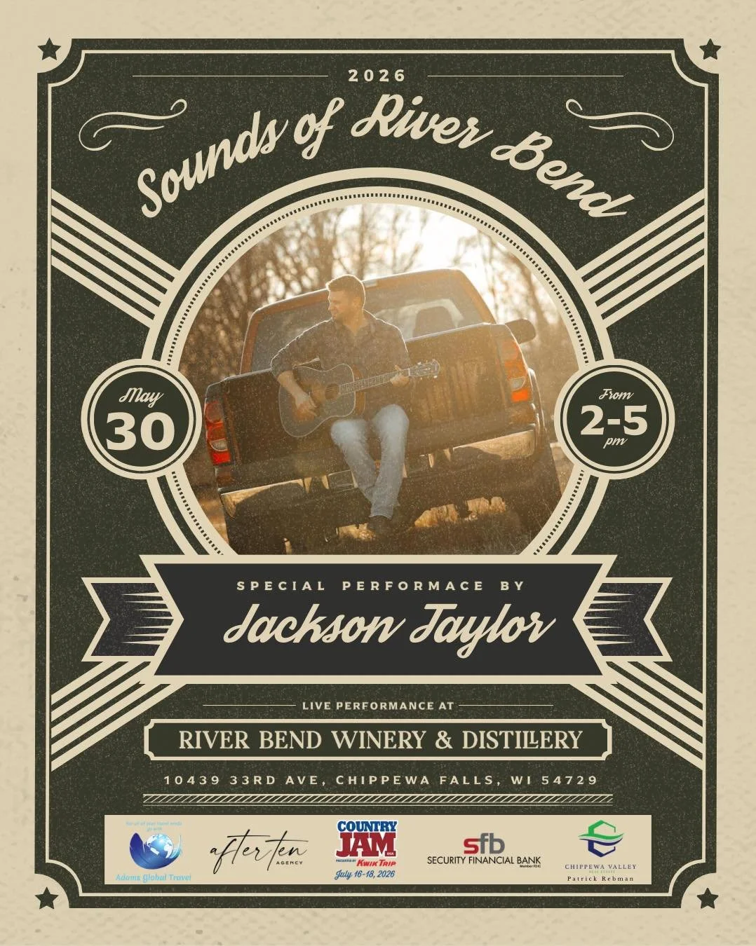Another live music weekend is headed to River Bend 🎶🍷

Saturday, Jackson Taylor is back from 2&ndash;5pm! Jackson has opened for Chris Kroeze and Danny Gokey and has performed at the Wild West Songwriters Festival in both 2024 and 2025. 

Sunday, l