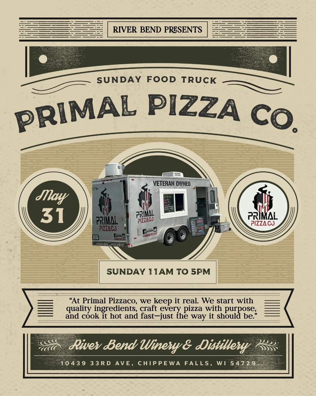 We had a last-minute food truck change for tomorrow, and Primal Pizza Co. stepped in to save the day! 🍕🍷It&rsquo;ll be their first time at River Bend, so stop by from 11am&ndash;5pm, grab a pizza and a glass of wine, and help us give them a warm Ri