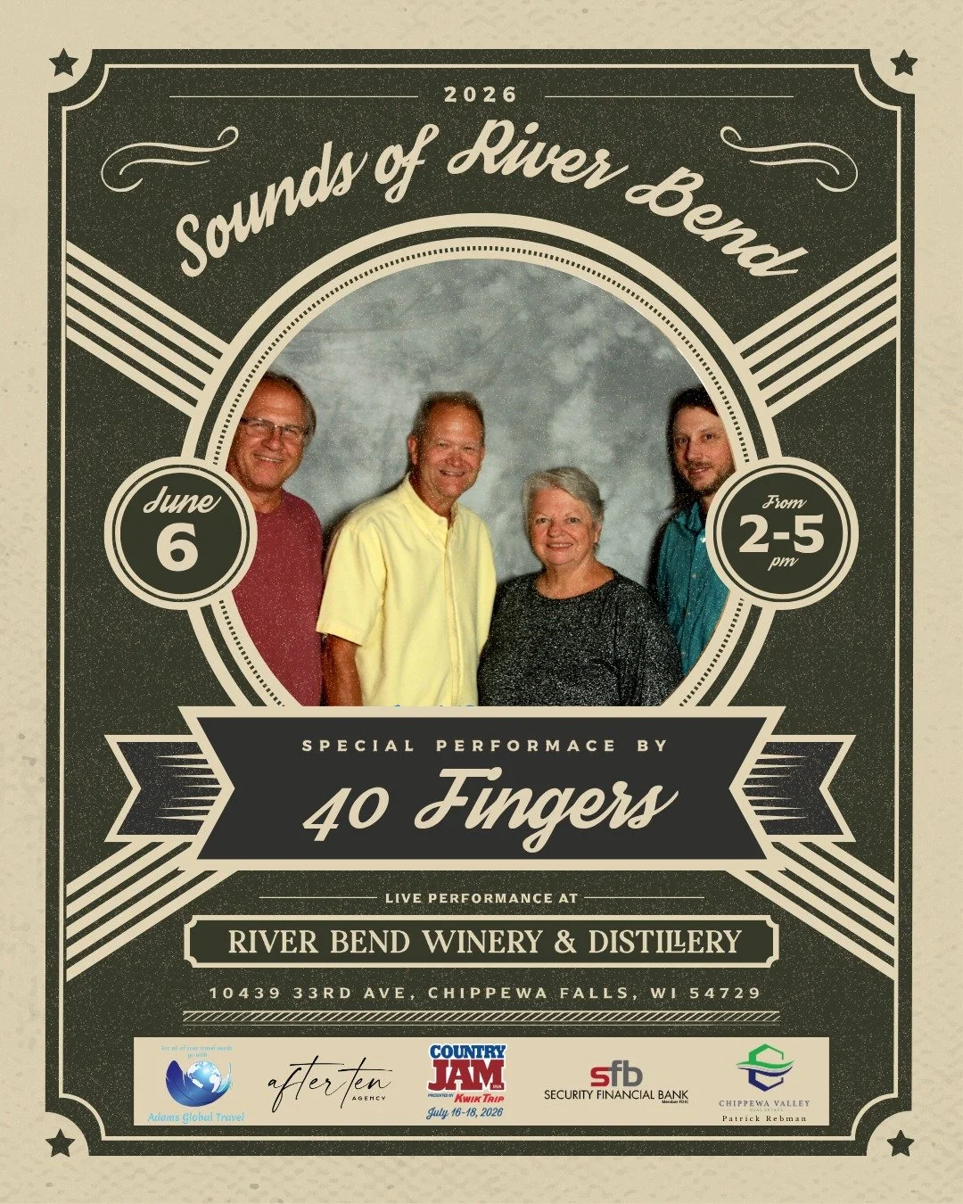 GIVEAWAY. We'll randomly select a lucky commenter for a $10 River Bend gift card on Friday, June 5th!

Saturday, Sunday... or BOTH? 🎶 Comment 🎸 if you're coming for 40 Fingers, 🎤 for Madlee, or 🍷 if you'll be here for BOTH! 

40 Fingers brings th
