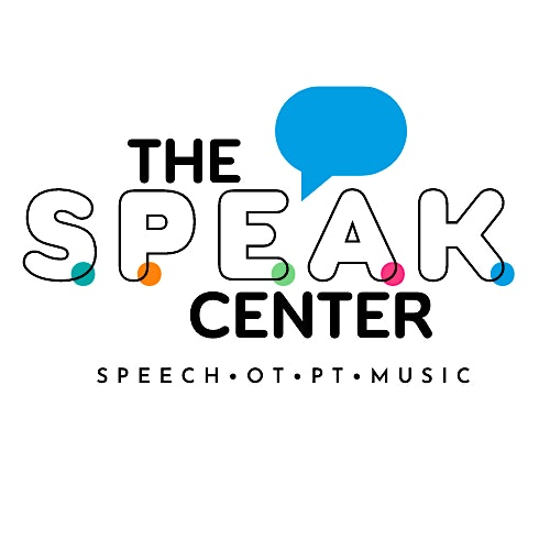 The Speak Center logo with colorful dots and a blue speech bubble, highlighting speech therapy, occupational therapy, physical therapy, and music therapy services.
