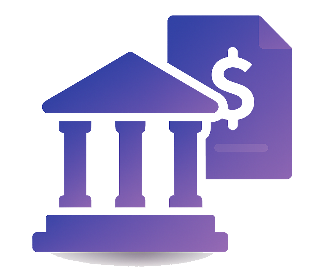 Government procurement icon with courthouse building and contract document, symbolizing federal acquisition and small business contracting opportunities.