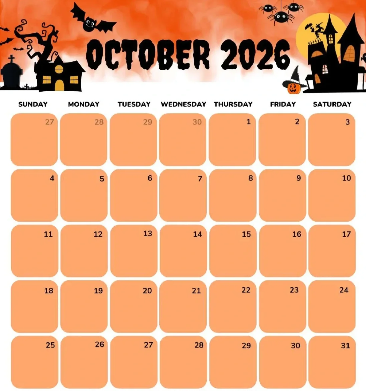 October 2026 calendar with Halloween-themed decorations including a spooky haunted house, bats, spiders, a full moon, and a witch's hat.