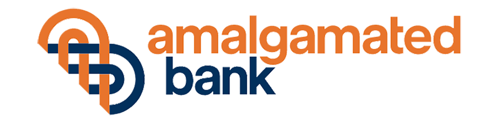 Amalgamated Bank logo with stylized orange and blue design.