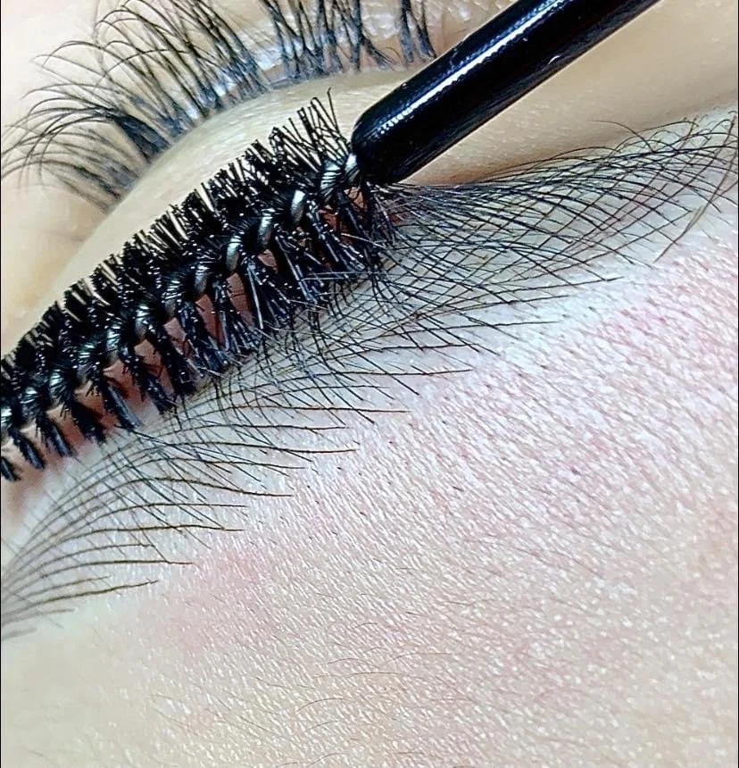 Close-up of a person's eye with black mascara being applied with a brush.