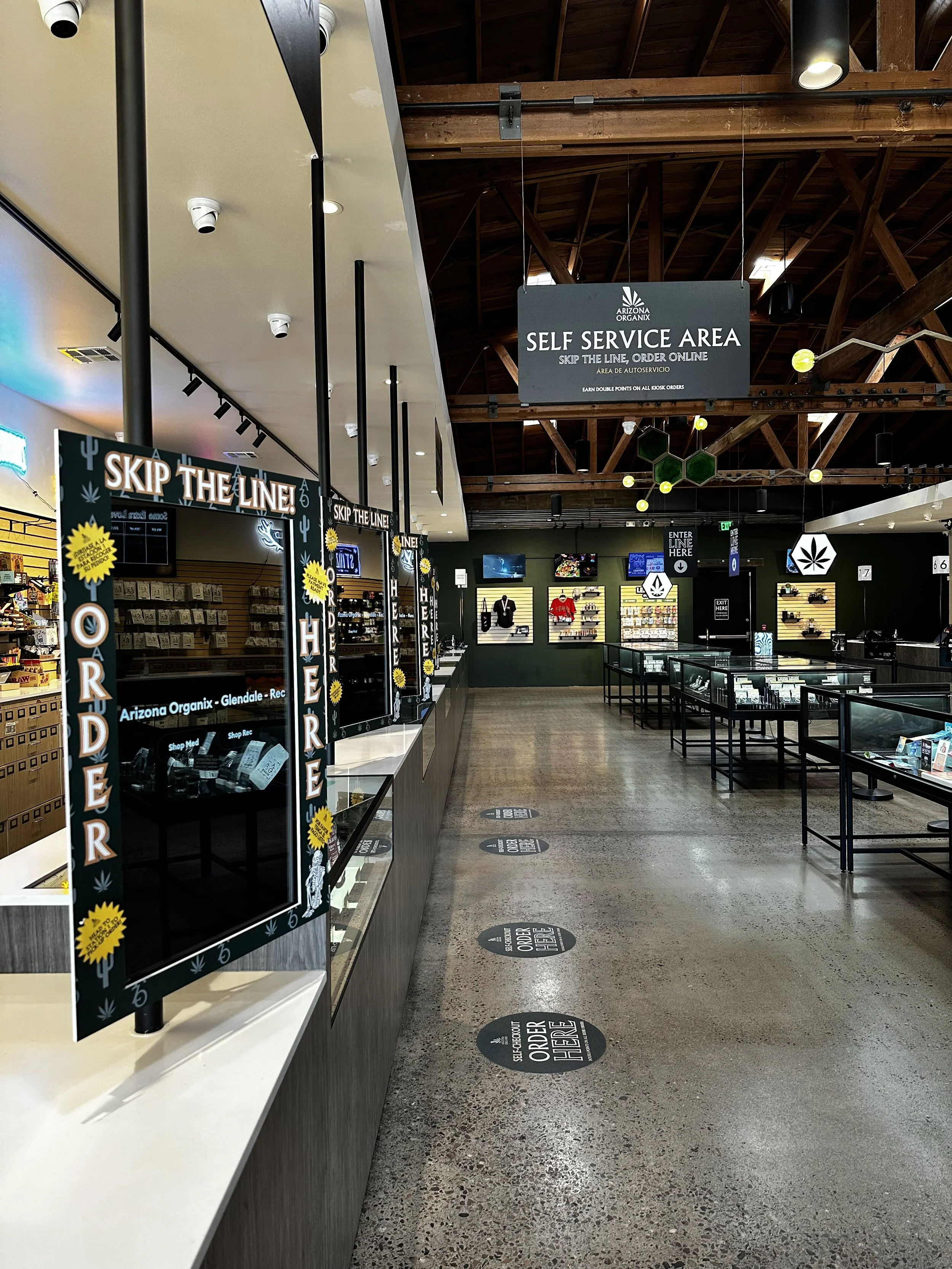 Arizona Organix interior showing Skip the Line self-service ordering kiosks
