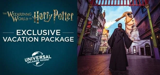 An advertisement for Harry Potter exclusive vacation package by Universal Orlando Resort, featuring a person in a Harry Potter costume walking in a themed street scene.