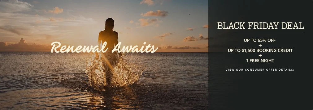 Sunset over the ocean with a silhouette of a person standing in the water and a promotional Black Friday deal on the right side.