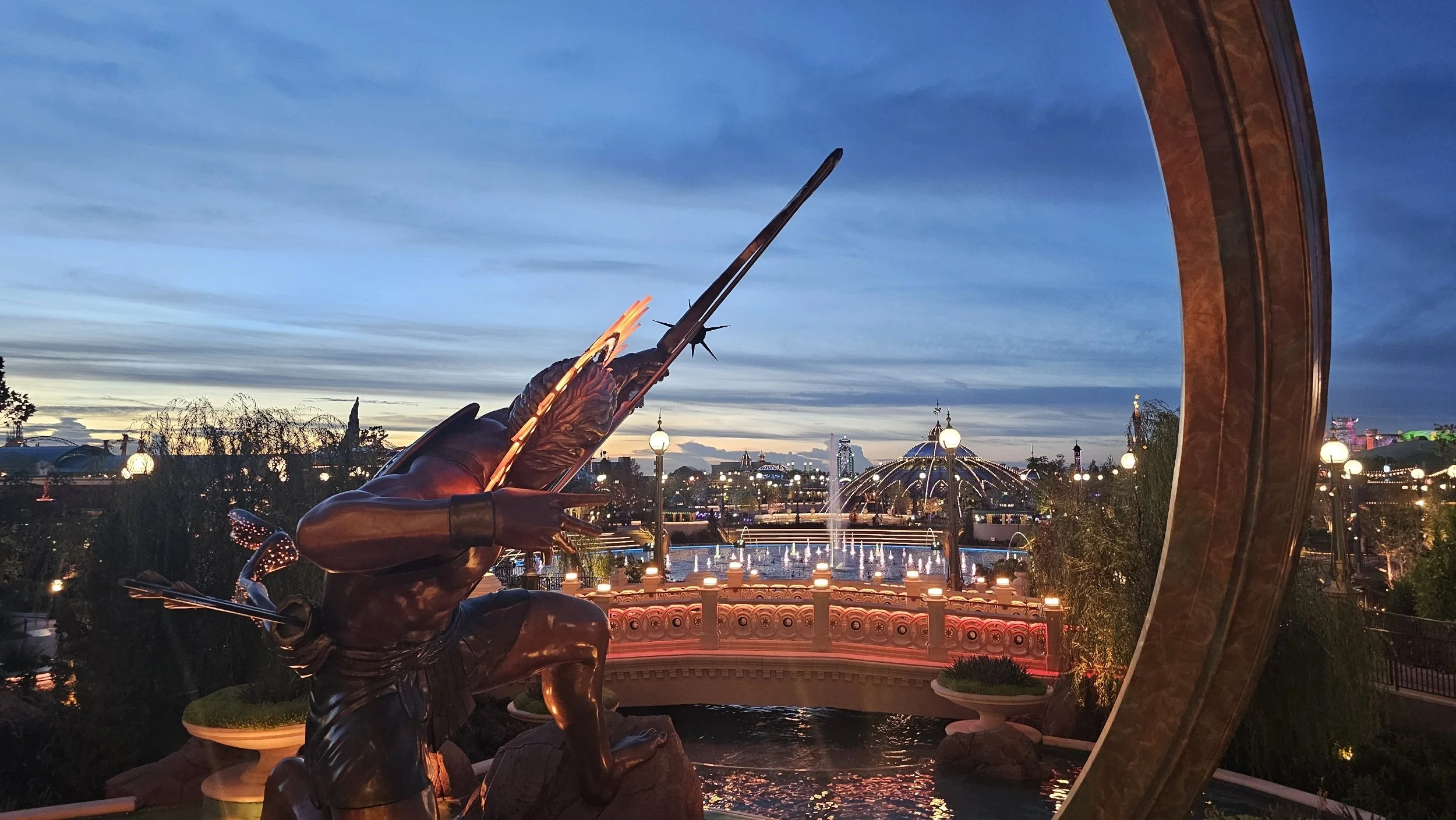View across Universal Epic Universe from Celestial Park at dawn