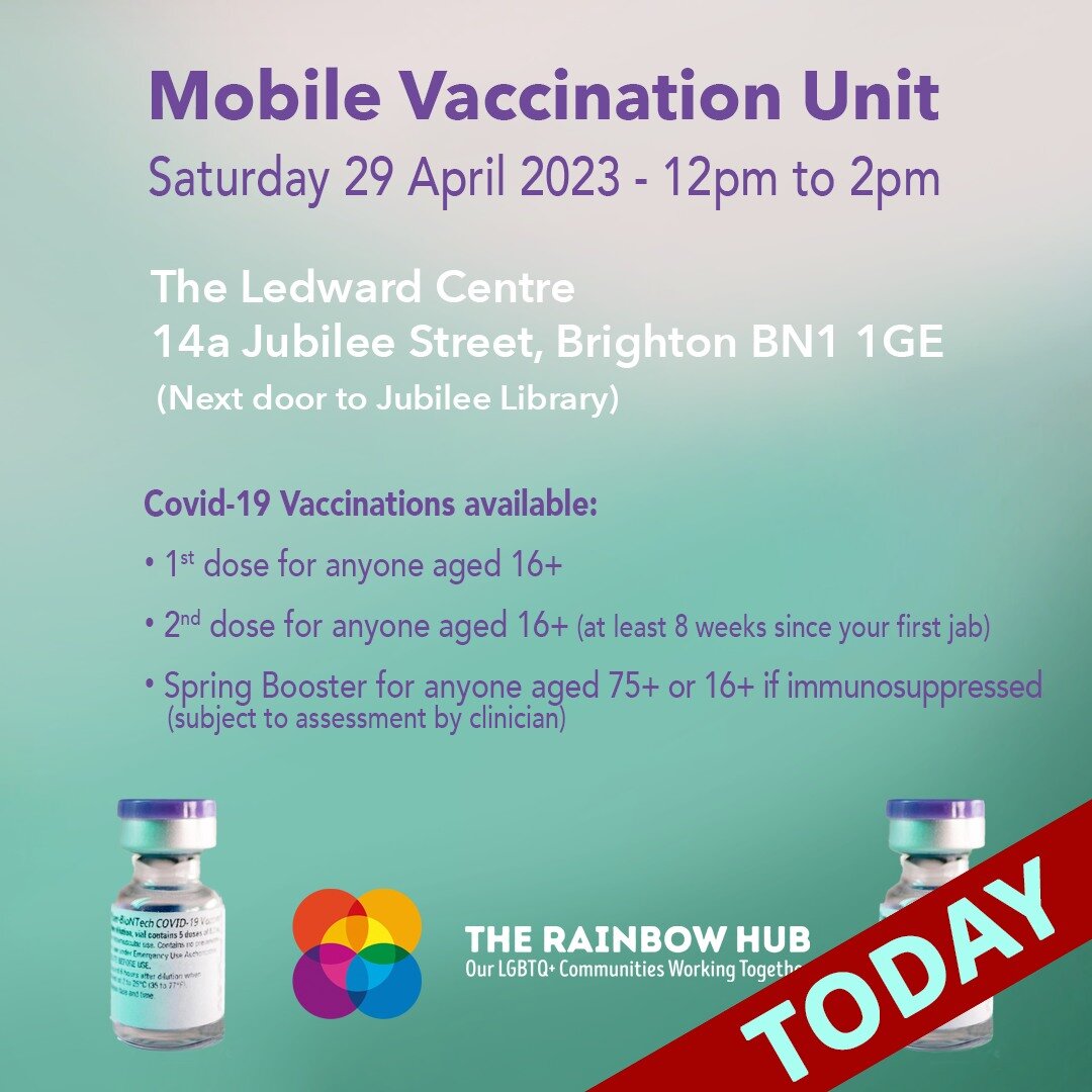 Today The Rainbow Hub is hosting another Mobile Vaccination Unit at The Ledward Centre in Jubilee Street.

Walk in only, no appointments required, all are welcome!

Covid-19 Vaccinations available:
&bull; 1st dose for anyone aged 16+
&bull; 2nd dose 