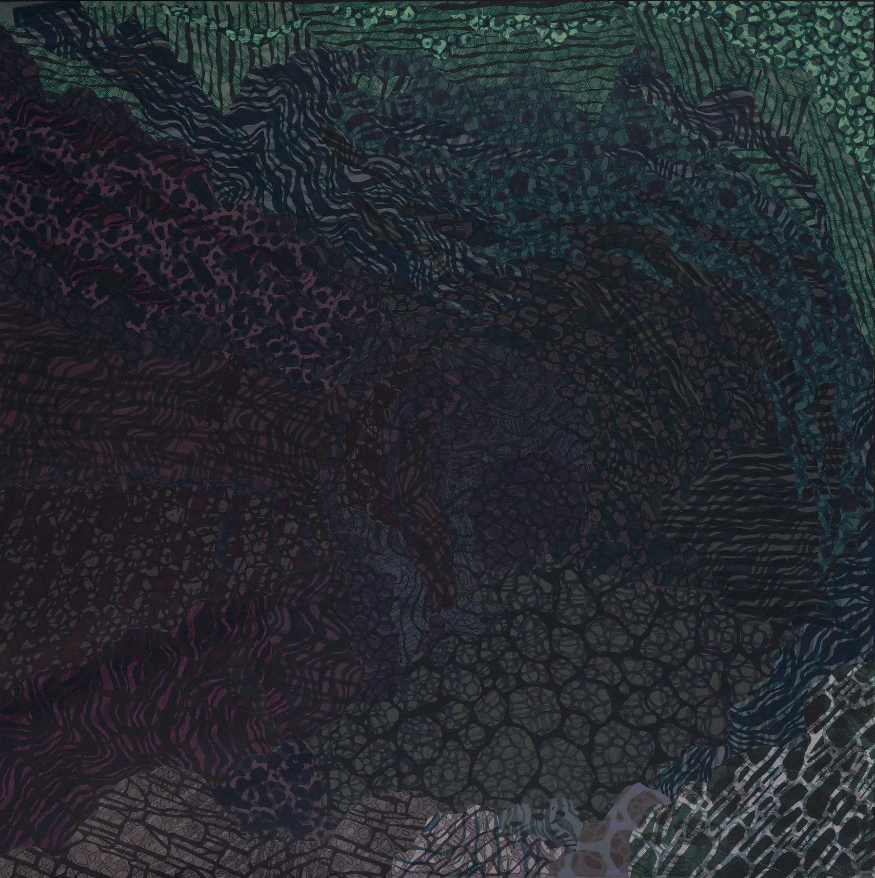Nichol Markowitz  
 Nigredo , 2024, monoprint collage on dyed kozo paper, backed with Sekishu paper, 42" x 42"