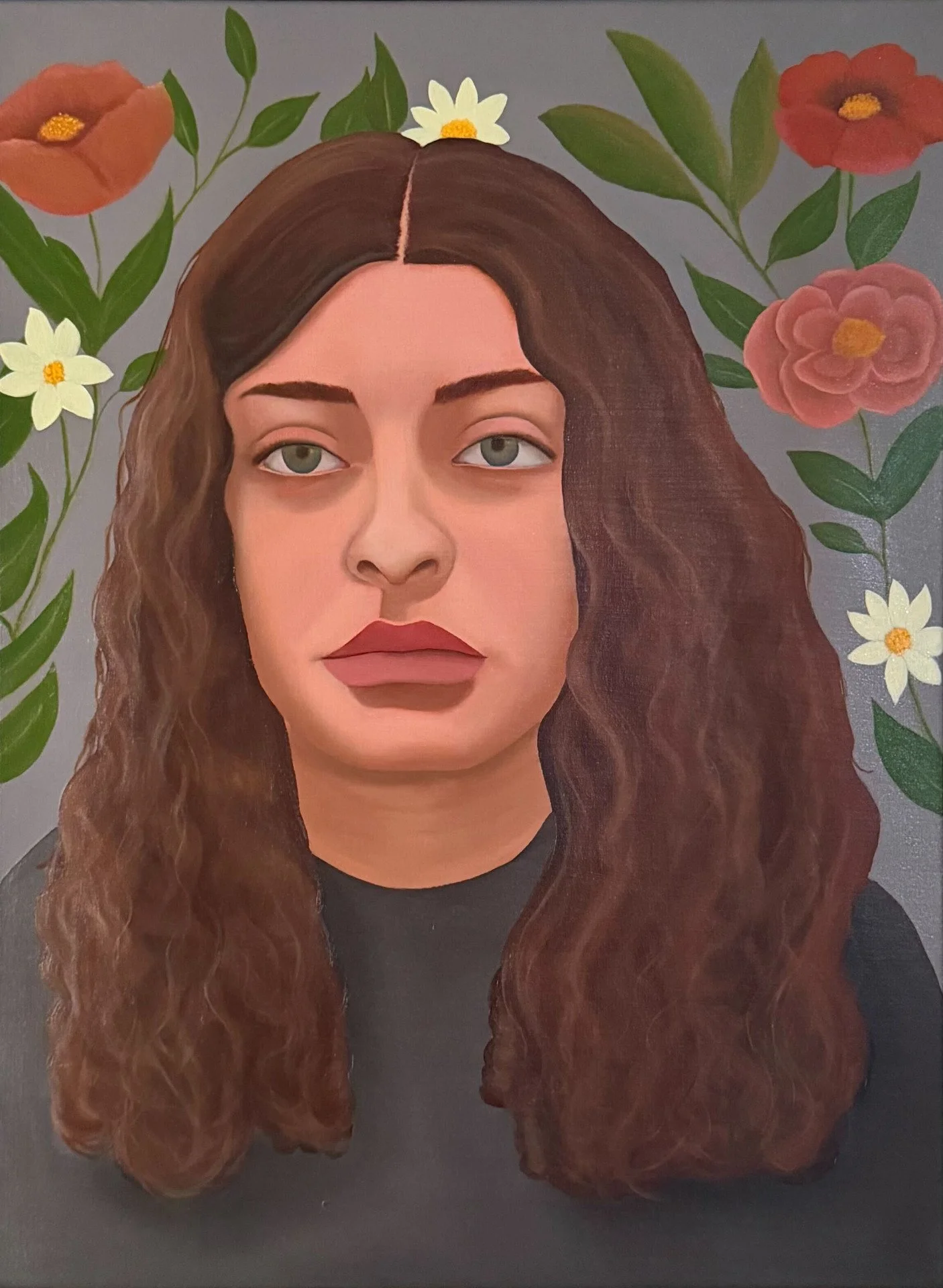 Amber DeSilva  Maya, 2025,  oil on linen, framed 24" x 18" x 1"