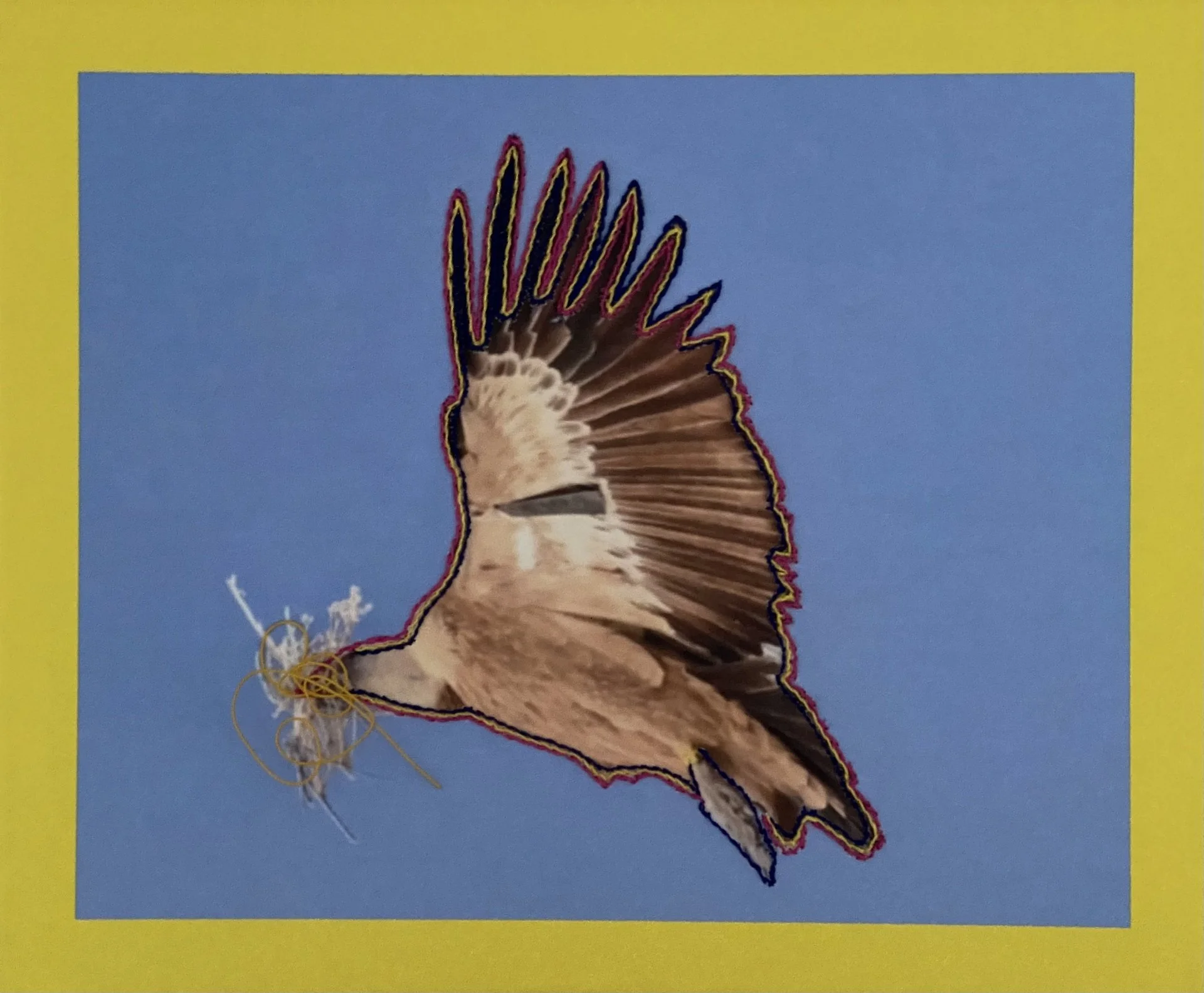 Yudith Segev   Nesting, 2024, printed digital image, hand stitched embroidery, metal
wire, 20" x 24" x 2"