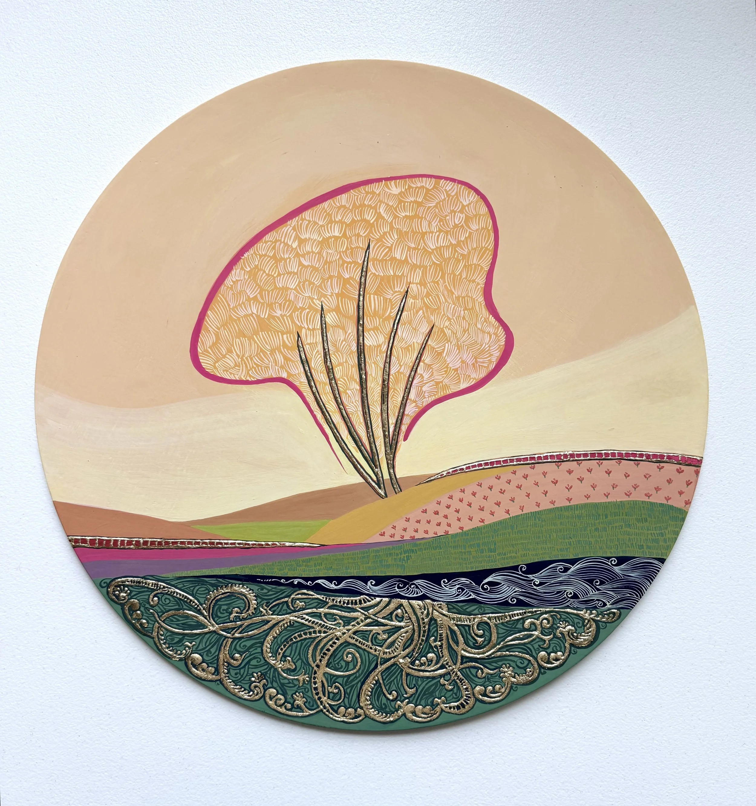 Poojitha Ramalingachar    Rooted in Values , gouache and gold leaf on wood, 24” x 24”