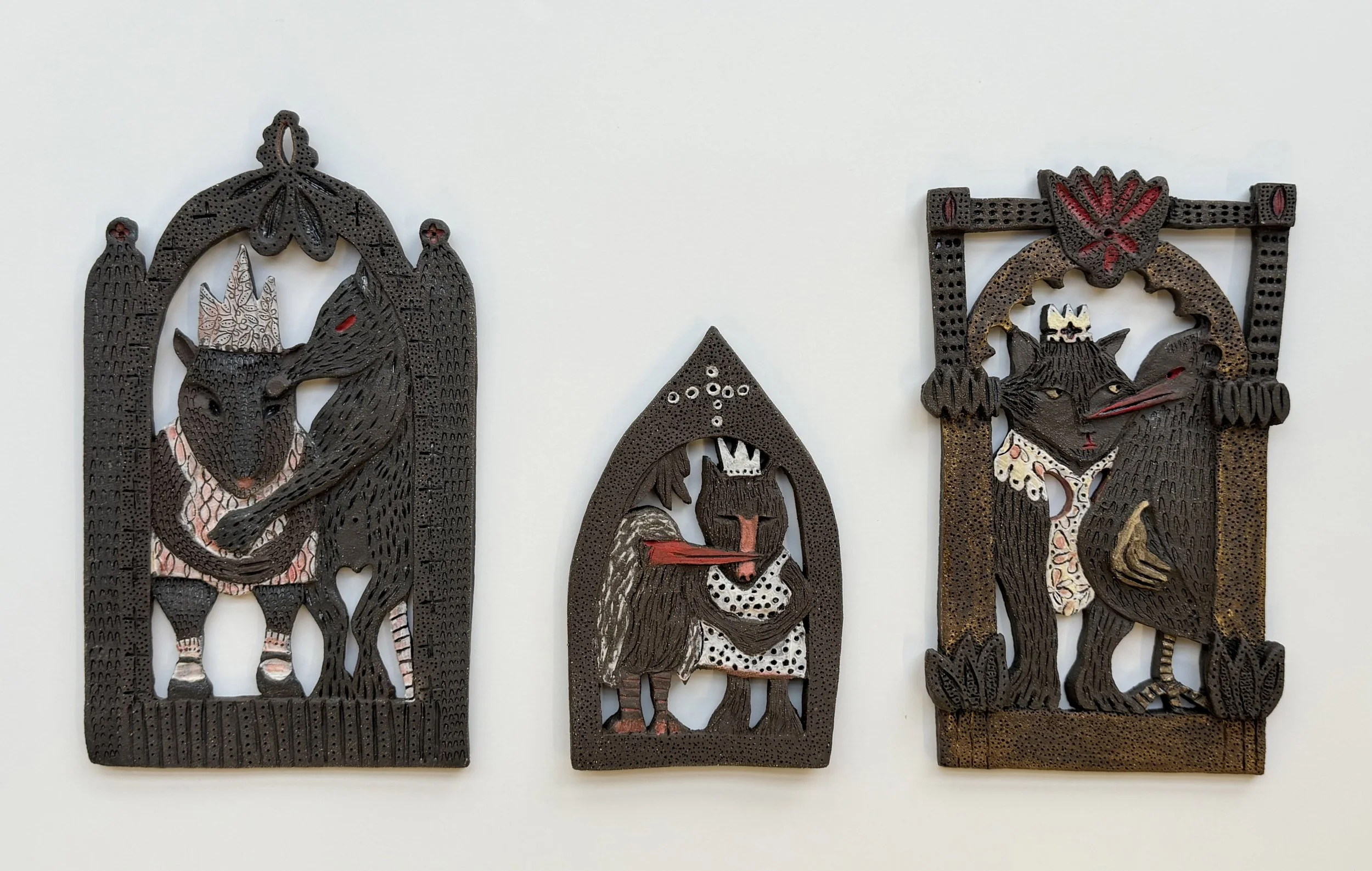 Julia Ledyard  
 Adoration of Strangers  (triptych), 2026, ceramic, 10" x 18" x 0.25"
