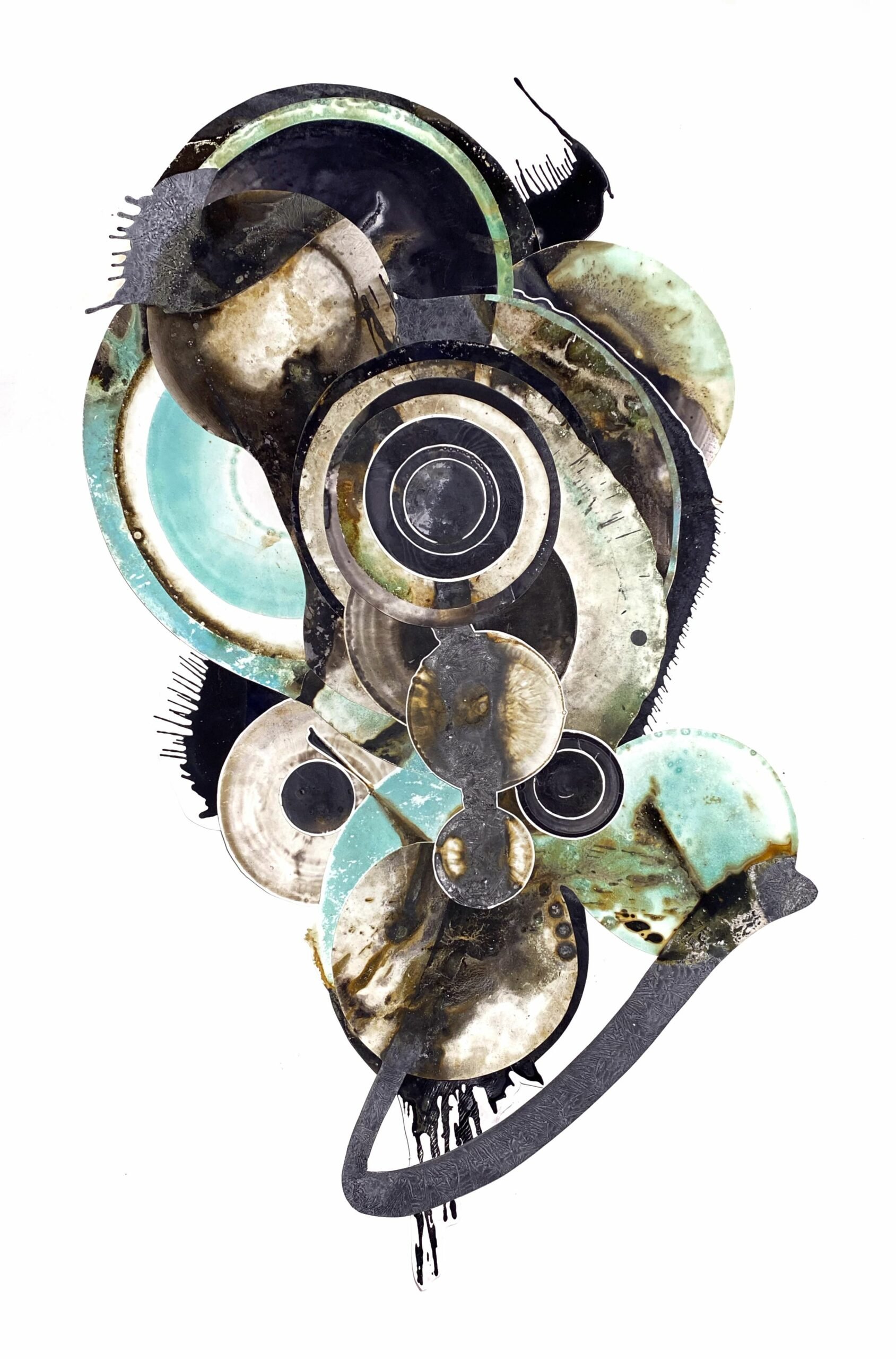 Drew Frazier, Reflow 39, iron gall ink & copper oxide collage on 74lb Yupo, 26"x 40"