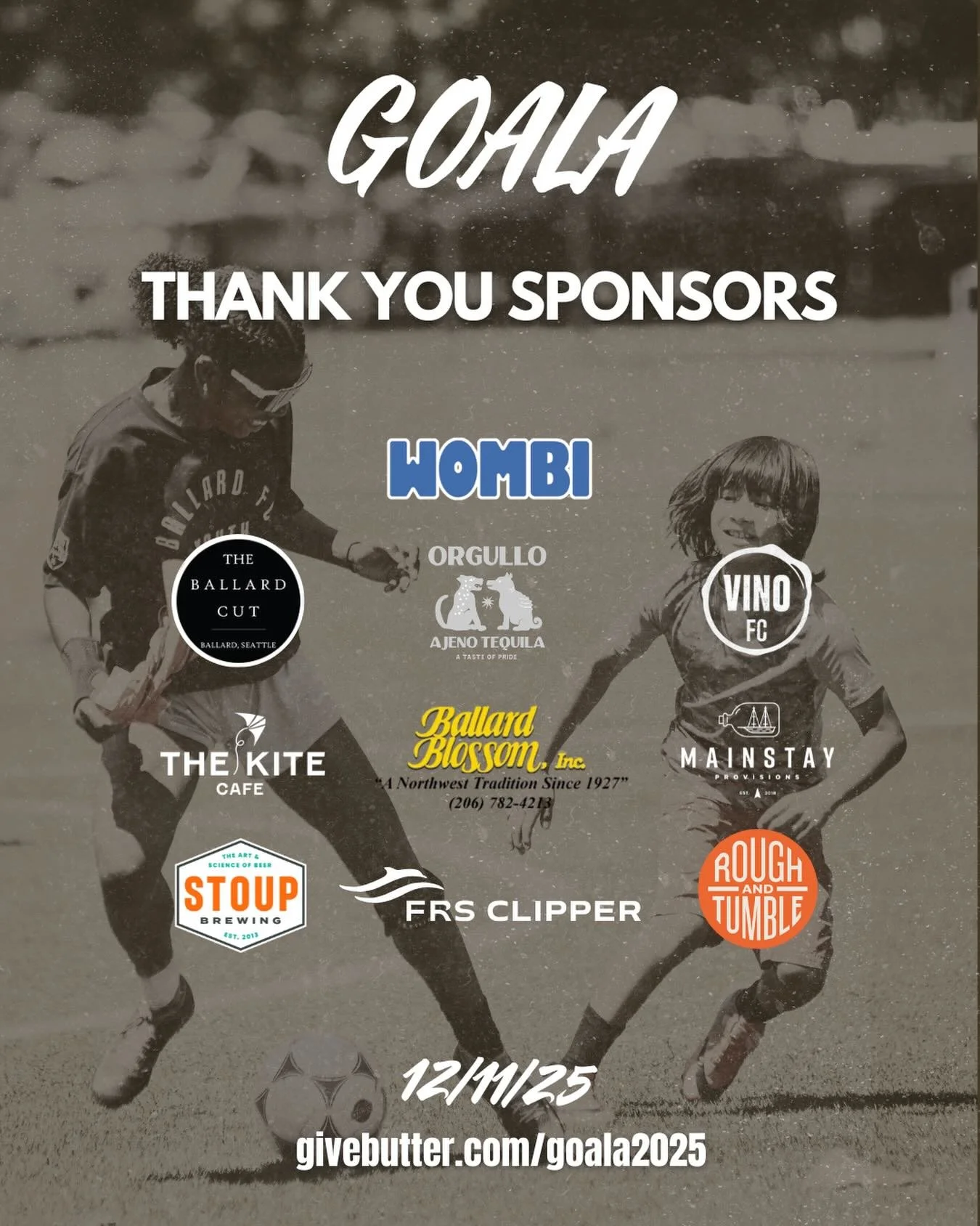 At the clubs and Foundation, we take pride in working with our local business partners to help advance play equity. Thank you to our amazing Goala sponsors and all of our partners who are supporting us this year! 

🎟️ will sell out soon for Thursday