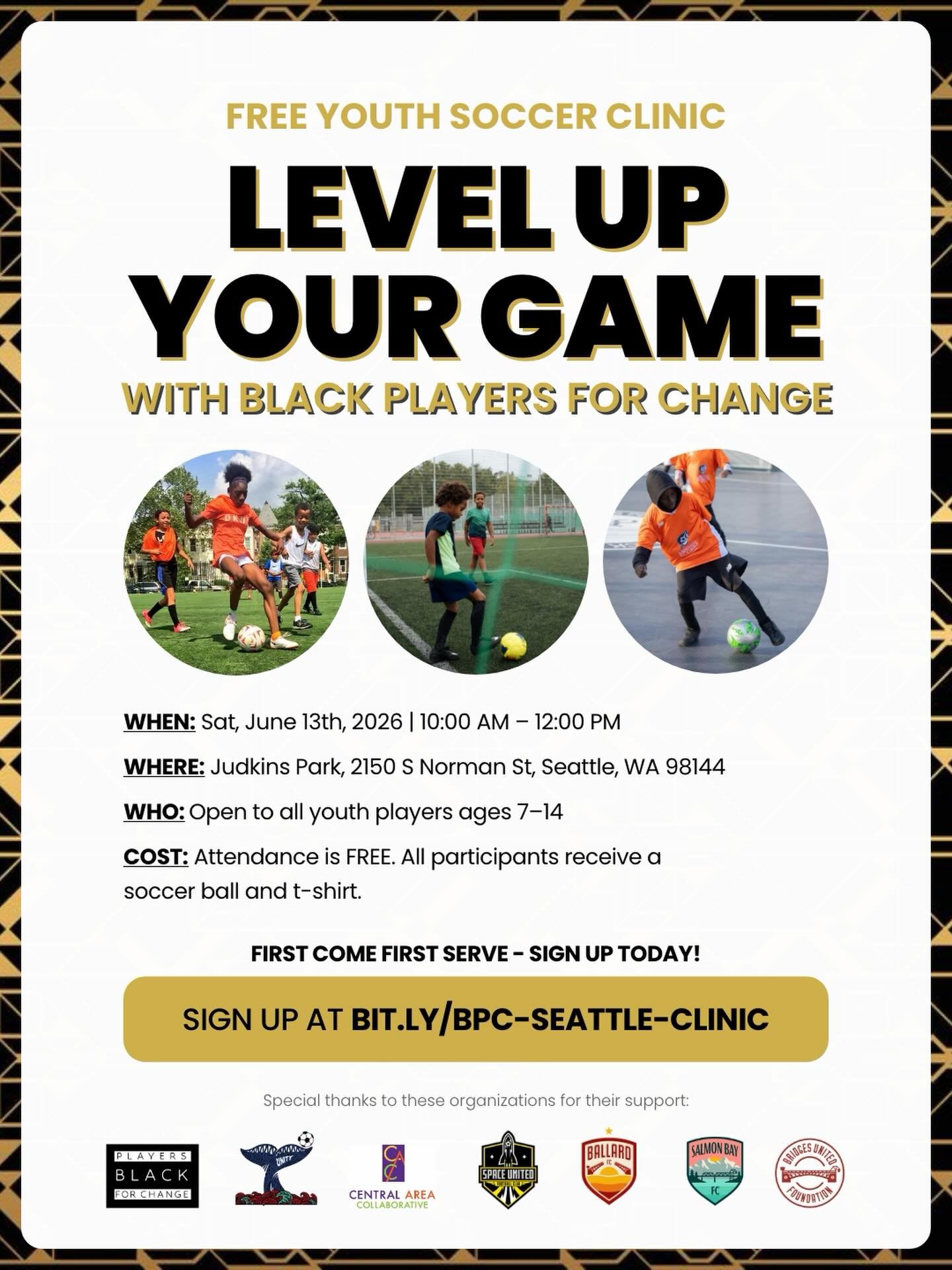⚽️ Clinic alert! ⚽️

Experience an elite training environment and celebrate the beautiful game with professional players and coaches from Black Players for Change. 

Join us for a morning of high-energy drills, skill development, and mentorship desig
