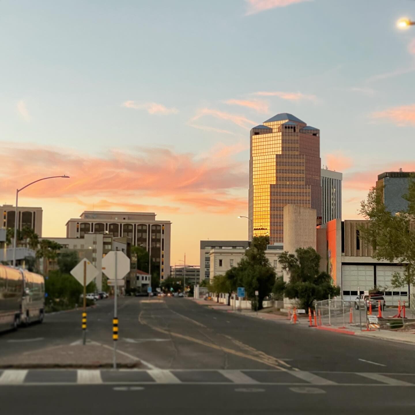 Sunset glow on @mocatucson, @theleokent, and downtown Tucson.