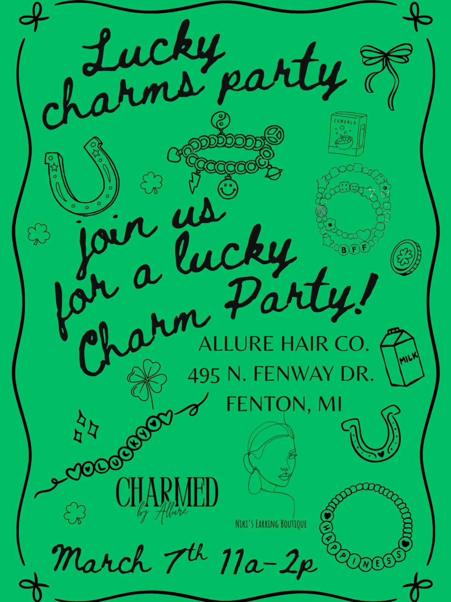 Lucky Charms Party! 🍀

Join us! Saturday, March 7th from 11am-2pm

@nikisearringboutique @charmedbyallure 

Lucky charms will be priced at $7, $13, and &amp; $17! 
Check out Niki&rsquo;s Earring Boutique!
Design your own charm necklace, bracelet, ea