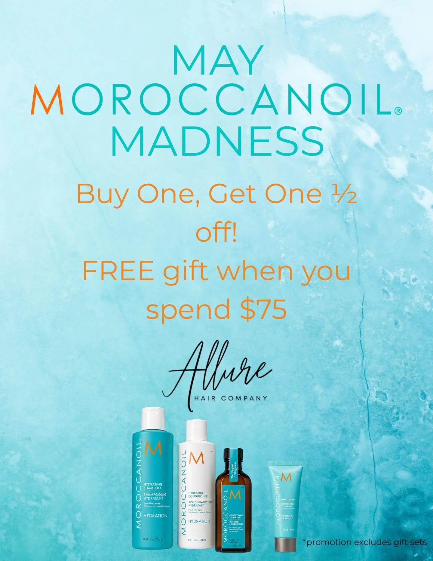 May Moroccanoil Madness Sale! 

All Moroccanoil products are Buy One, Get One 1/2 off!!*
FREE gift with purchase of $75+ in Moroccanoil, and a FREE reusable bag! 
Stock up on their incredible hair and body products! 

*exclusions apply