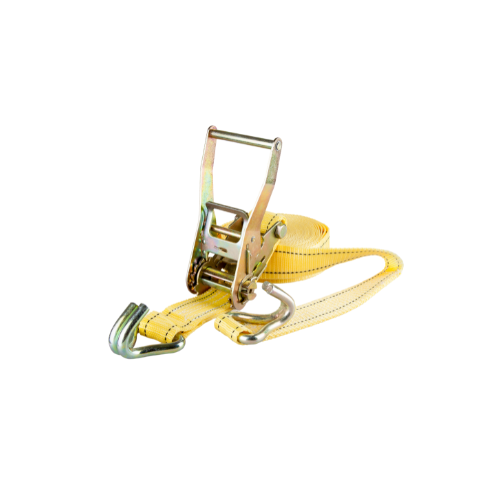 Yellow ratchet strap with metal hooks and buckle for securing cargo.