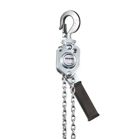 Metal chain hoist with a hook and a handle.