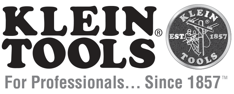 Klein Tools logo with text 'For Professionals... Since 1857' and an emblem featuring a man climbing a wire with a flag, circle, and the year 1857.