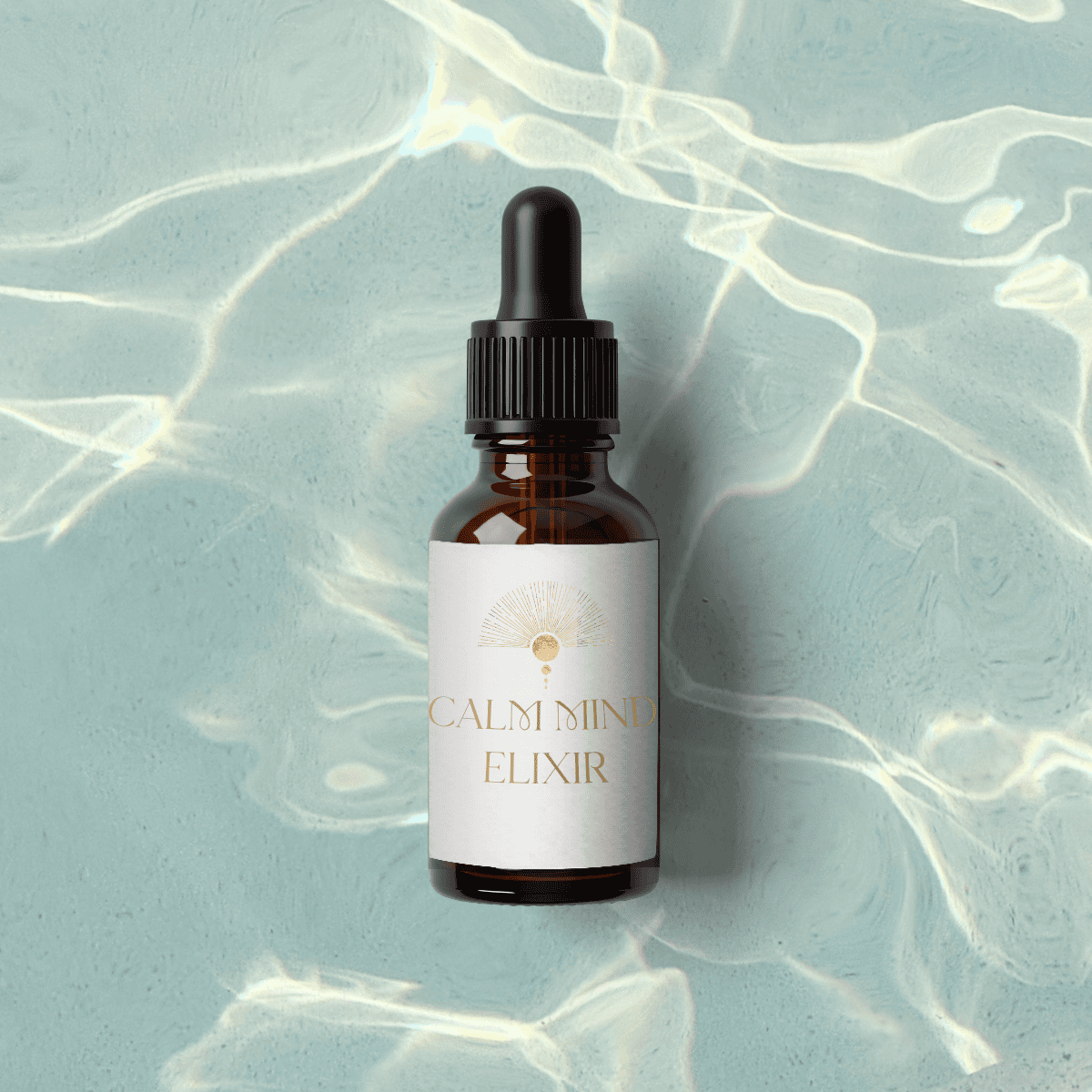 A small brown dropper bottle labeled 'Mental Clarity' with a white label and gold and black text, placed on a surface with a reflective, light blue and white background.