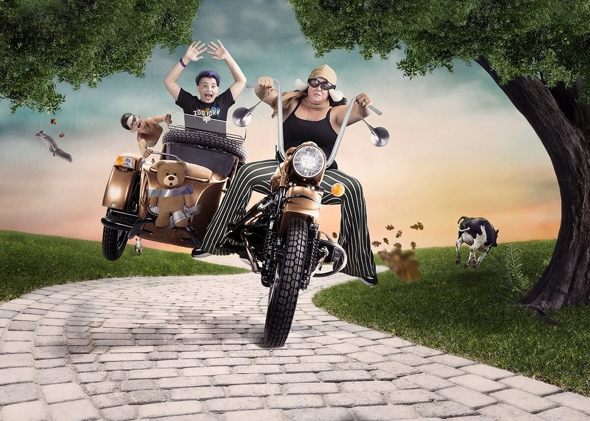 Fun composite family photo with a mom driving a motorcycle while her sons are holding on and riding in a side car
